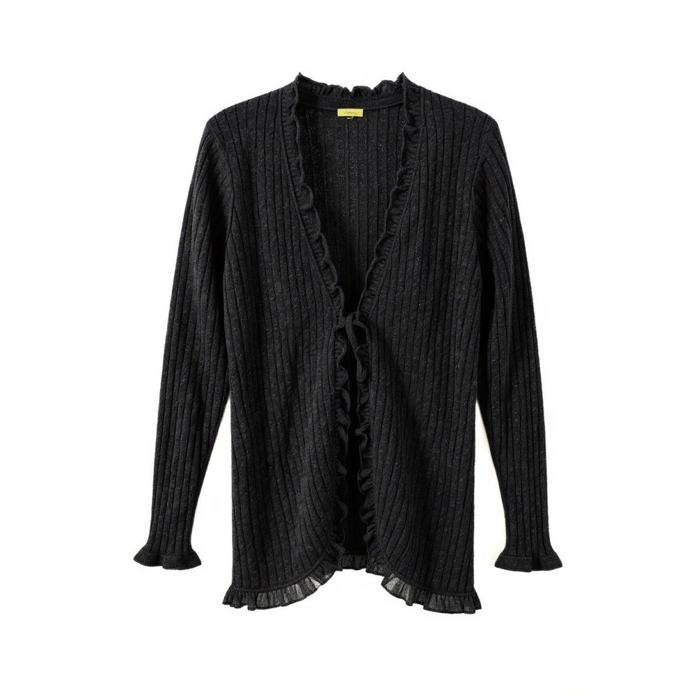 Keran Cardigan Sweater Womens‎ Large Gray 100% Cashmere Ruffle Ribbed Open Front